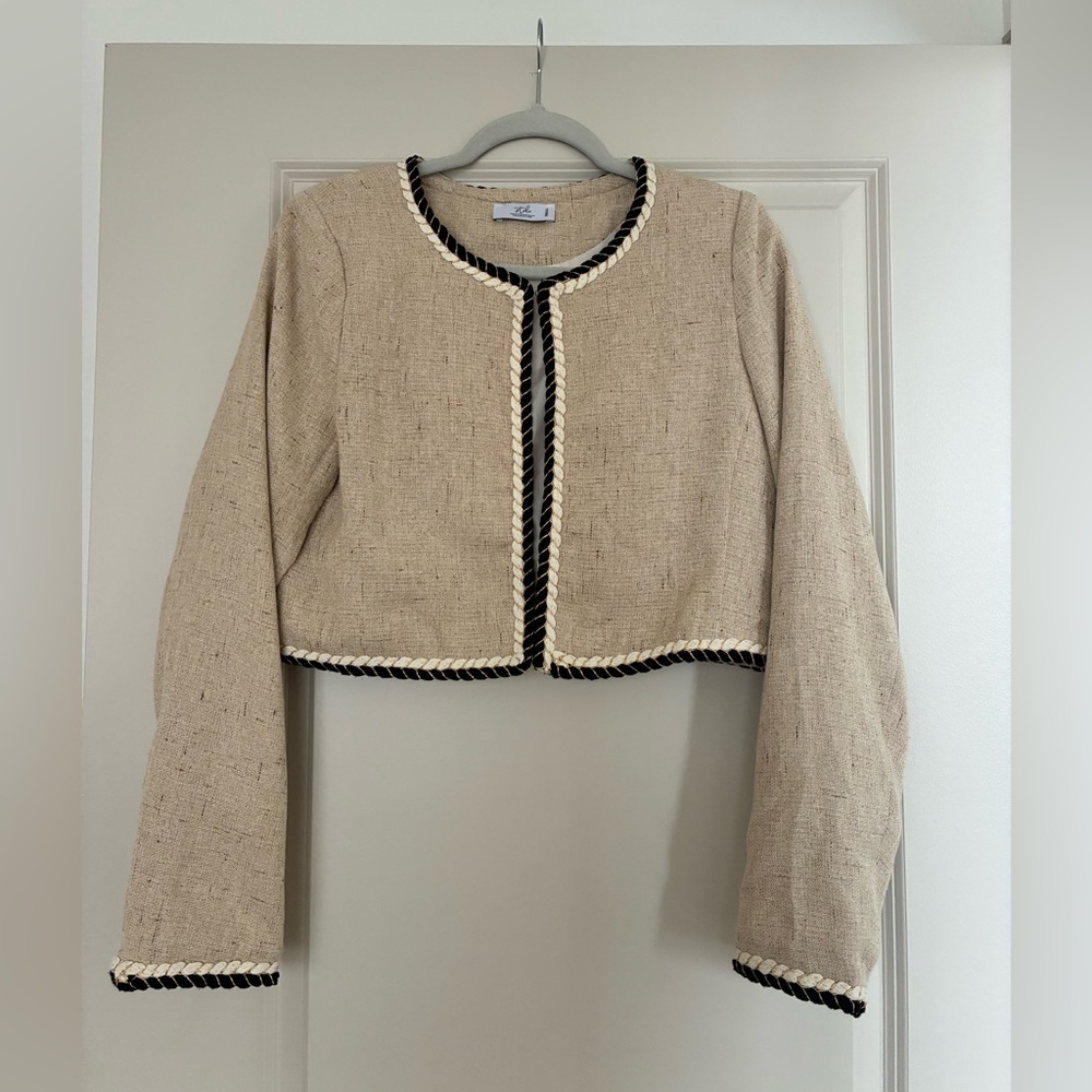 Beige Cropped Jacket with Black, White and Gold Trim